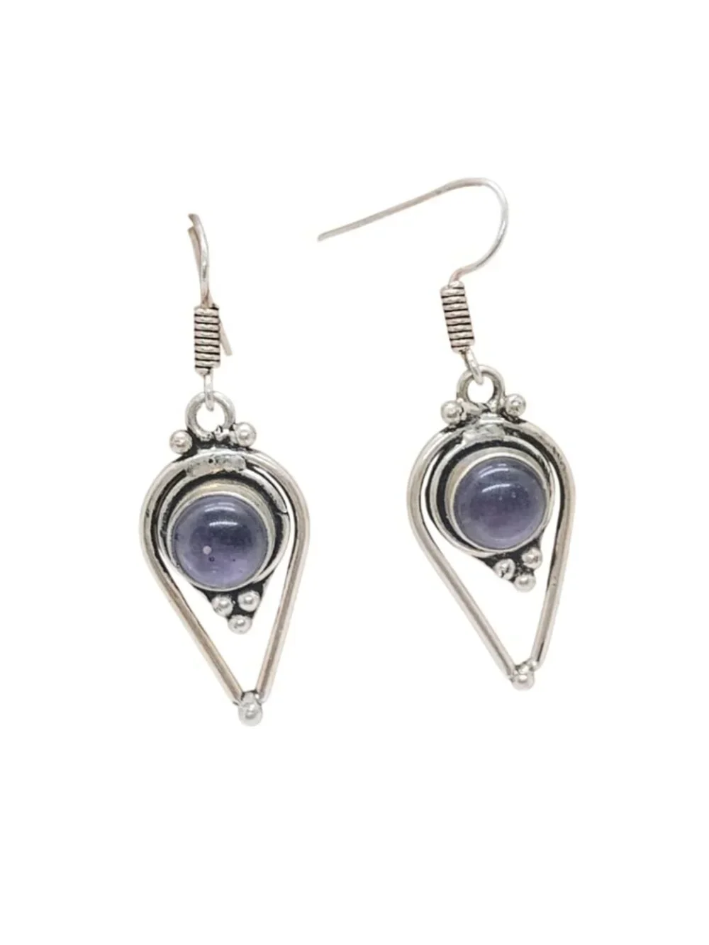 Handmade Ethnic Bohemian Teardrop Shaped Silver Amethyst Dangle Earrings